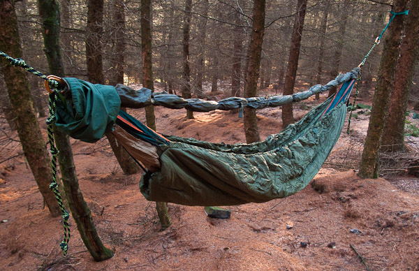 I use a double ended stuff sack to pack the hammock into along with the insect net that you can see here wrapped around  the ridge line. -  2017 - Gary Waidson - Ravenlore