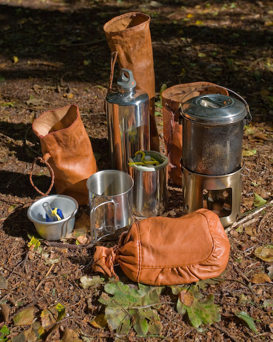 A selection of leather bags for storing and carrying equipment. - ©  Gary Waidson - Ravenlore Bushcraft and Wilderness skills.