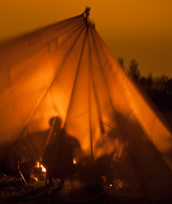 A fireside gathering under the shelter of a parachute canopy. -  2017 - Gary Waidson - Ravenlore