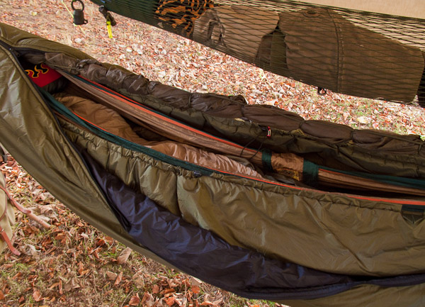The hammock set up for deep winter conditions with an extra layer of insulation. - © 2017 - Gary Waidson - Ravenlore